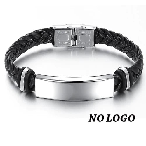 Men's Leather Bracelets Stainless Steel ID Bar Custom Name Date Logo Engrave Bangle & Bracelet Male Jewelry