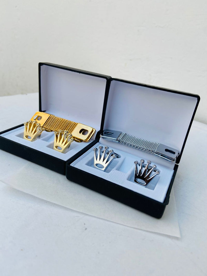 Crown R0LEX Cufflinks with Logo Box and Chain