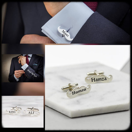 Mustache Name Engraved Cufflinks / Gold & Silver Color